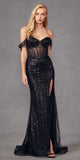 Juliet JT2471L Long Off the Shoulder Fringe Sleeve Fitted Evening Gown