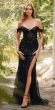 Juliet JT2471L Long Off the Shoulder Fringe Sleeve Fitted Evening Gown
