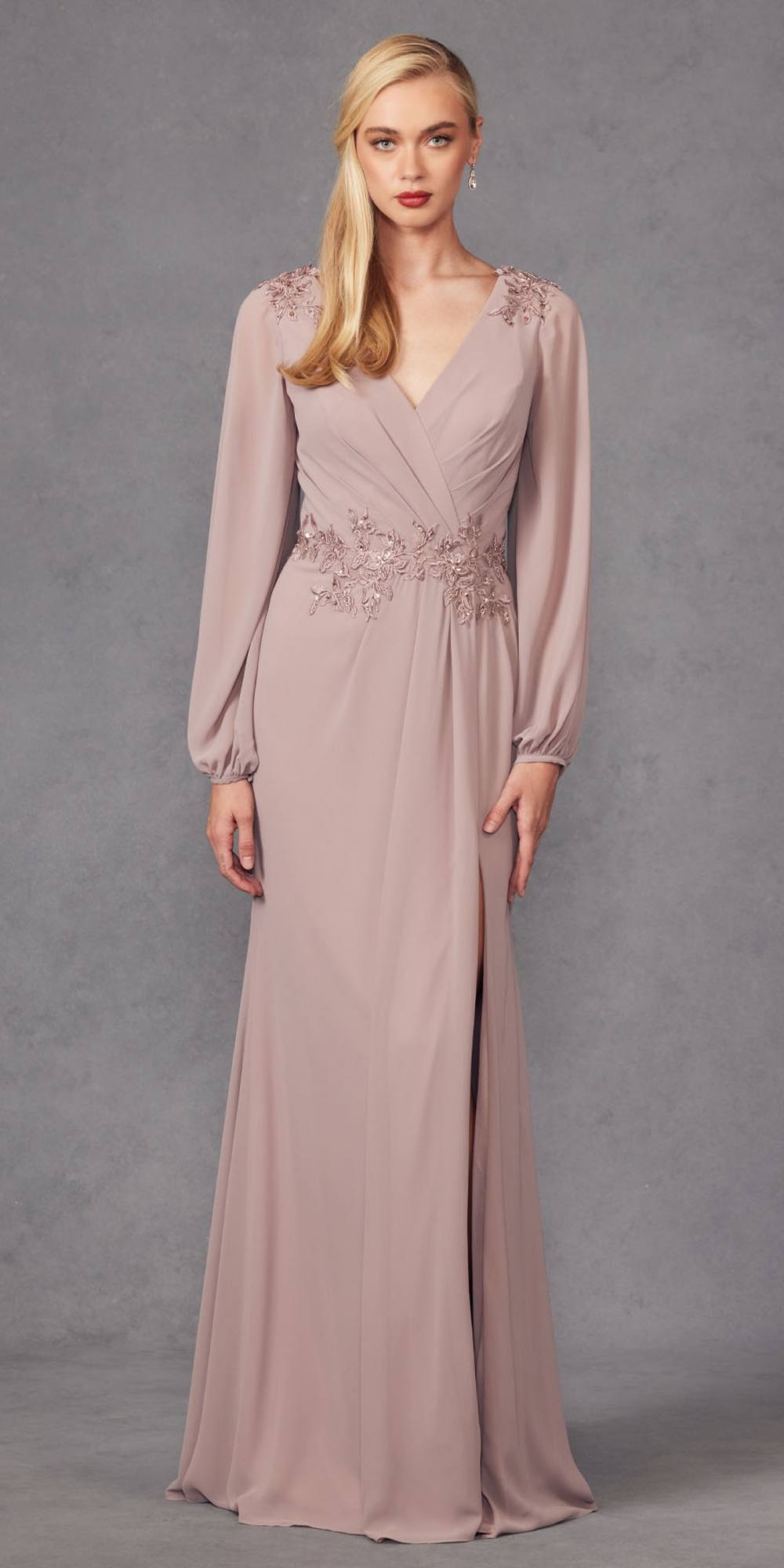 Juliet JTM16A Long Sleeve V-Neck Embroidered Applique Evening Gown