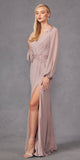 Juliet JTM16A Long Sleeve V-Neck Embroidered Applique Evening Gown