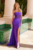 Nox Anabel K1521 Lace-Up Satin Pleated Top Dress with Slit