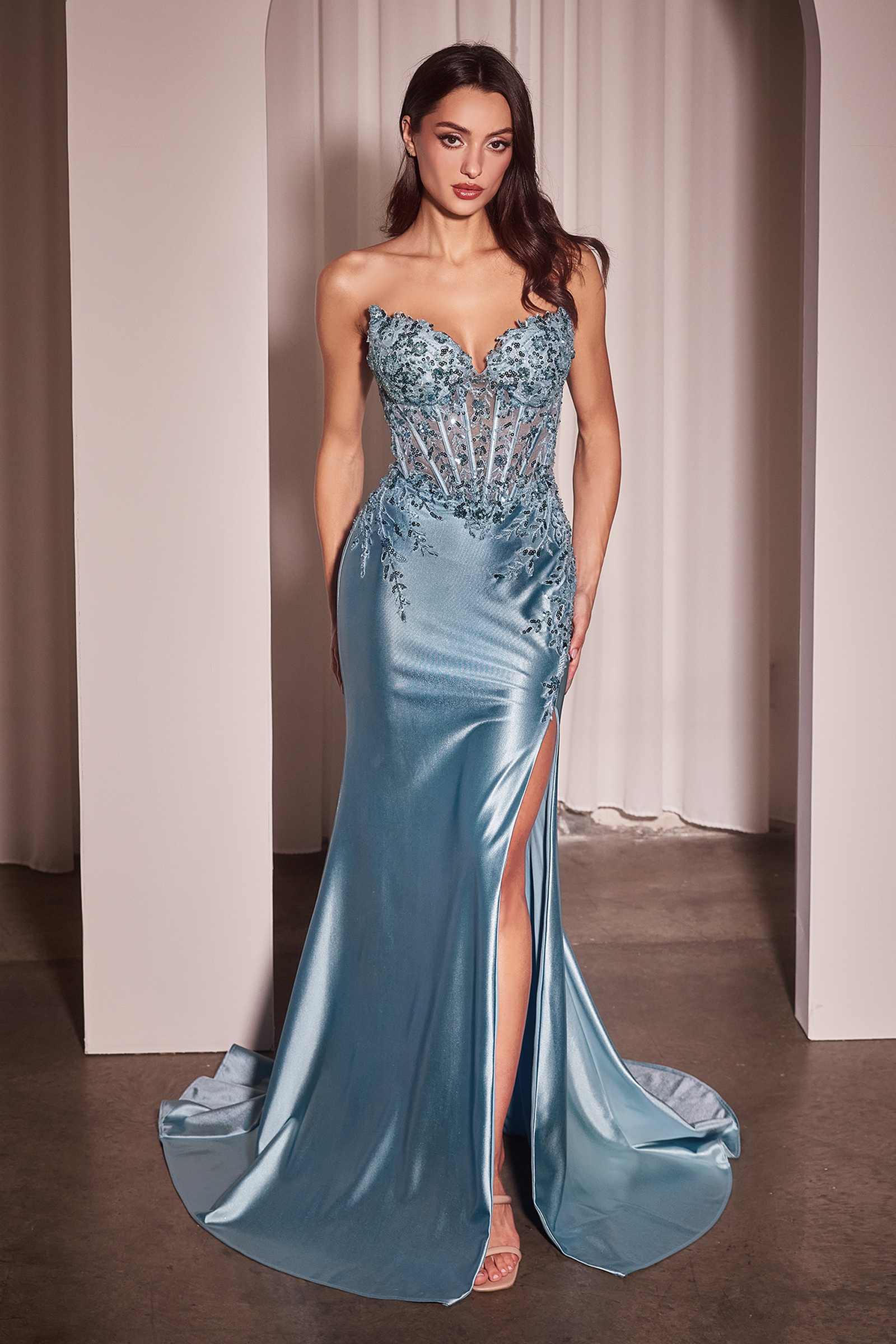 Ladivine KV1112 Dress Satin and Lace Strapless Fitted Gown - LIGHT BLUE