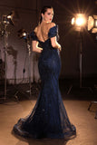 Ladivine KV1141 Off Shoulder Navy Blue Mermaid Evening Gown