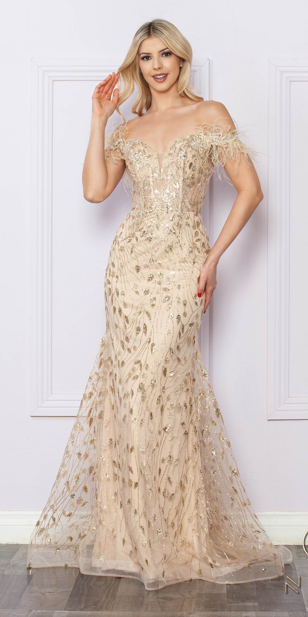 Nox Anabel L1255 Long Embroidered Glitter Applique Fitted Gown