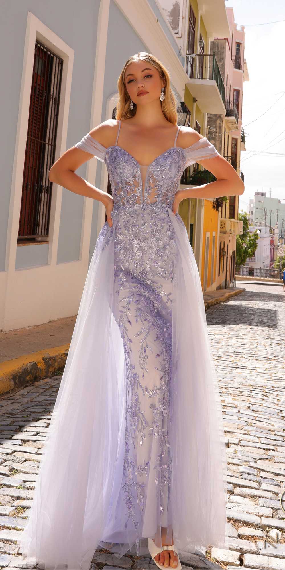 Nox Anabel L1362 Long Cold Shoulder Applique Tulle Overskirt Gown