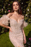 Andrea & Leo MA102 Strapless Pearl Gown With Removable Feather Sleeves