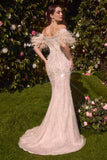 Andrea & Leo MA102 Strapless Pearl Gown With Removable Feather Sleeves