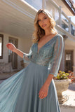 Nox Anabel MF101 Long V-Neck Embellished Bodice 3/4 Sleeve A-line Gown