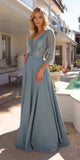 Nox Anabel MF101 Long V-Neck Embellished Bodice 3/4 Sleeve A-line Gown
