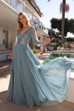 Nox Anabel MF101 Long V-Neck Embellished Bodice 3/4 Sleeve A-line Gown