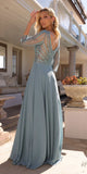 Nox Anabel MF101 Long V-Neck Embellished Bodice 3/4 Sleeve A-line Gown