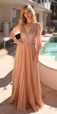 Nox Anabel MF102 Long Applique 3/4 Sleeve Pleated A-line Glitter Gown