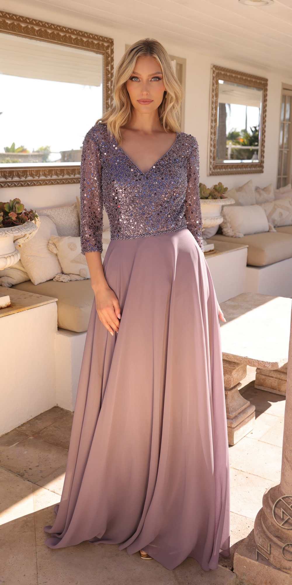 Nox Anabel MF103 Long Sequin Bodice 3/4 Sleeve A-line Gown