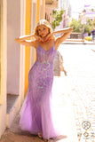 Nox Anabel Q1358 Long Fitted Sleeveless Sequin Applique Mermaid Tulle Dress