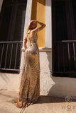 Nox Anabel Q1389 Long Cold Shoulder Sweetheart Fitted Sequin Gown