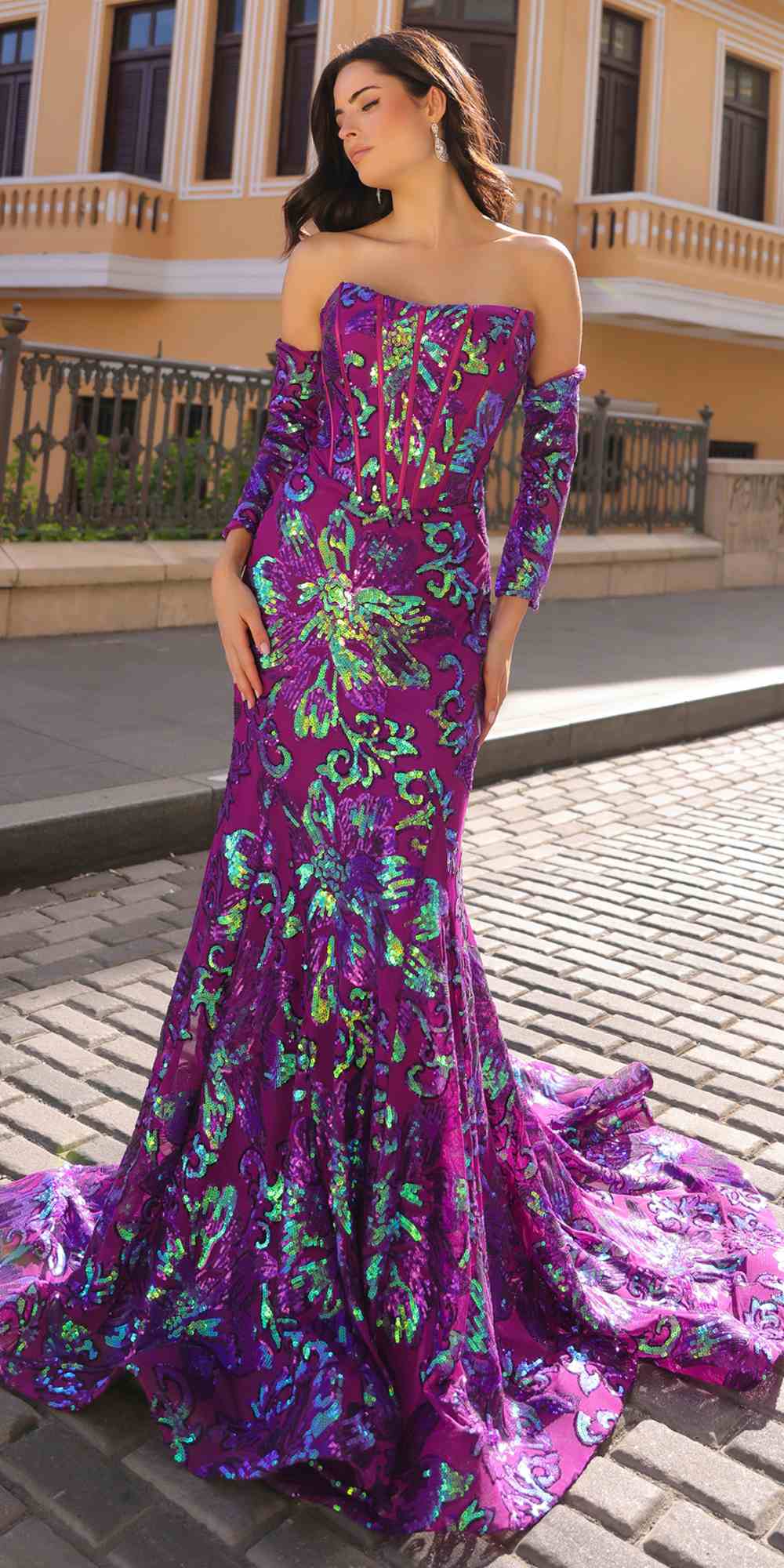 Nox Anabel R1268 Fitted Strapless Flower Design Sequin Gown with Matching Sleeves
