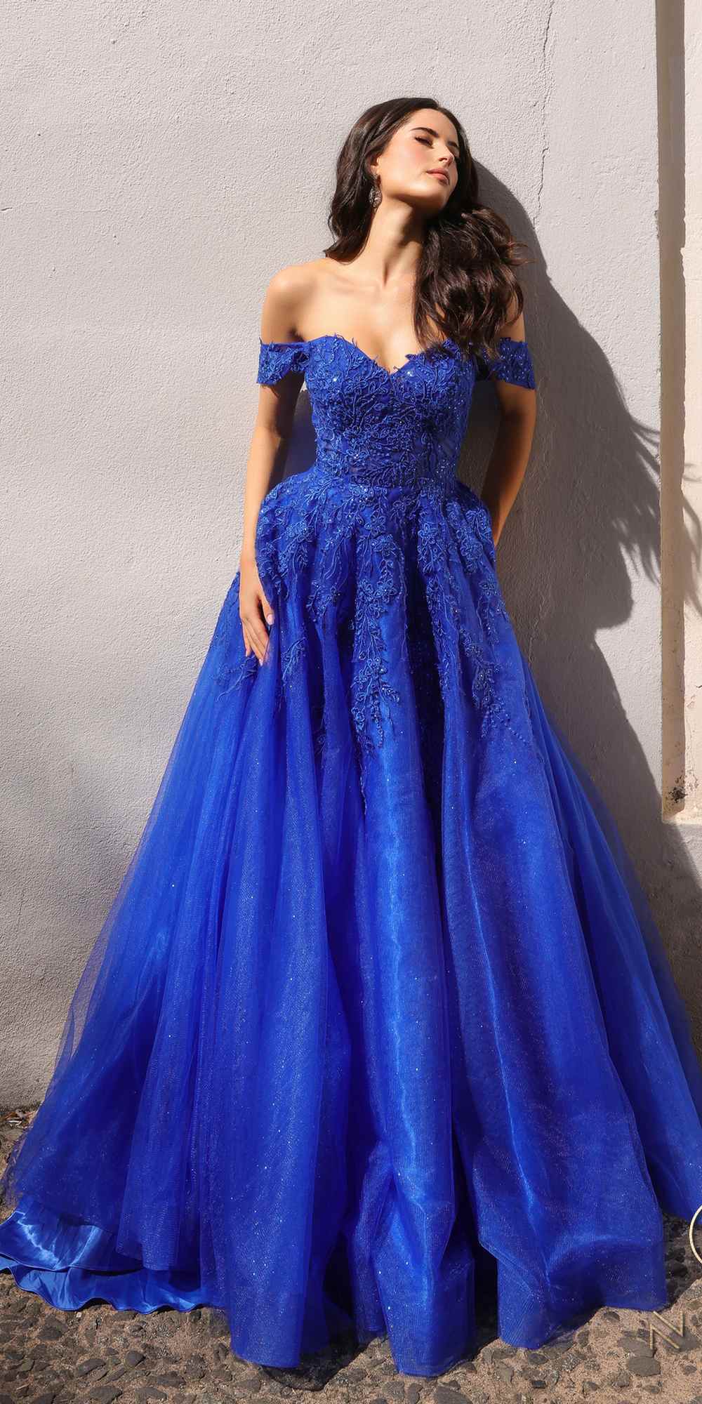 Nox Anabel R1303 Long Off the Shoulder Sweetheart Tulle A-Line Gown