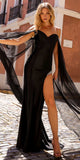 Nox Anabel R1312 Long Chiffon Cape Sleeve Fitted Satin Formal Gown