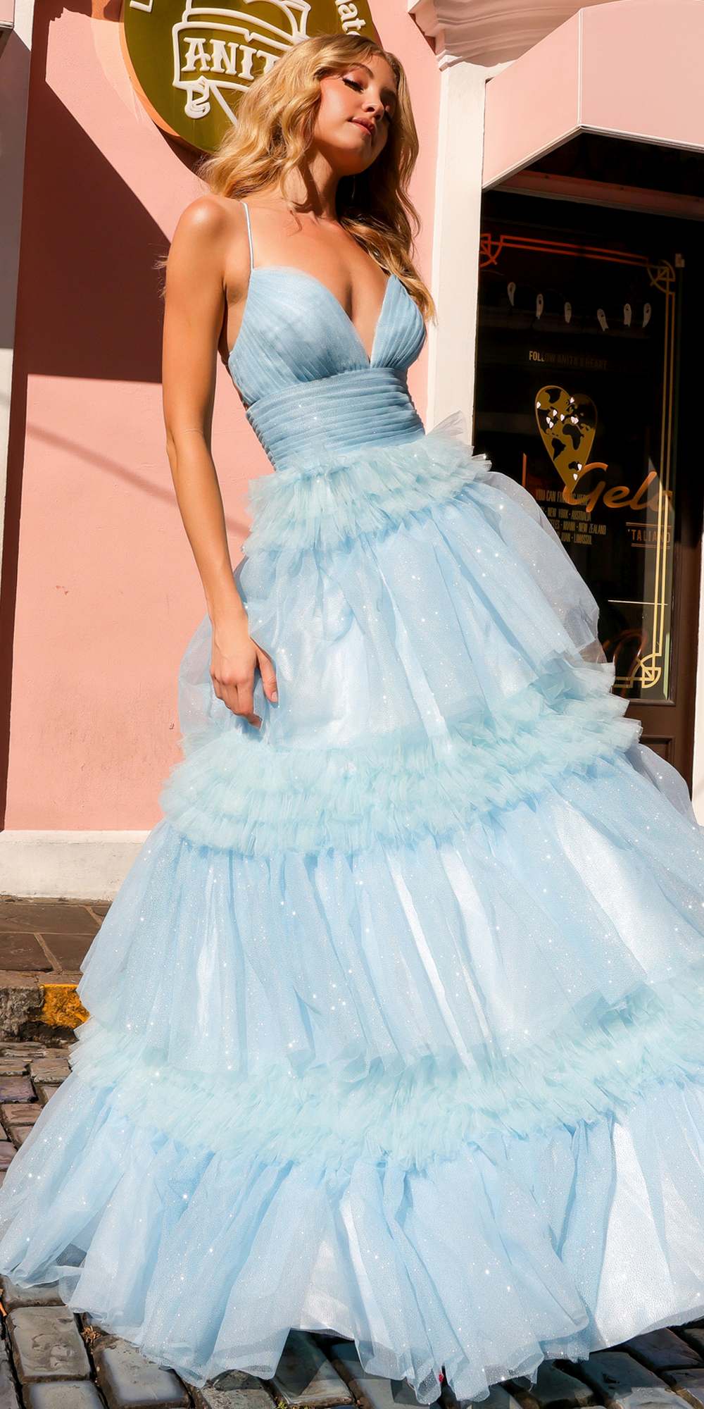 Nox Anabel R1316 Long Glitter Ruffled Tiered A-Line Sleeveless Gown