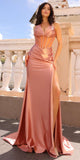 Nox Anabel R1323 Long Fitted Sheath Sheer Bodice Halter Satin Gown