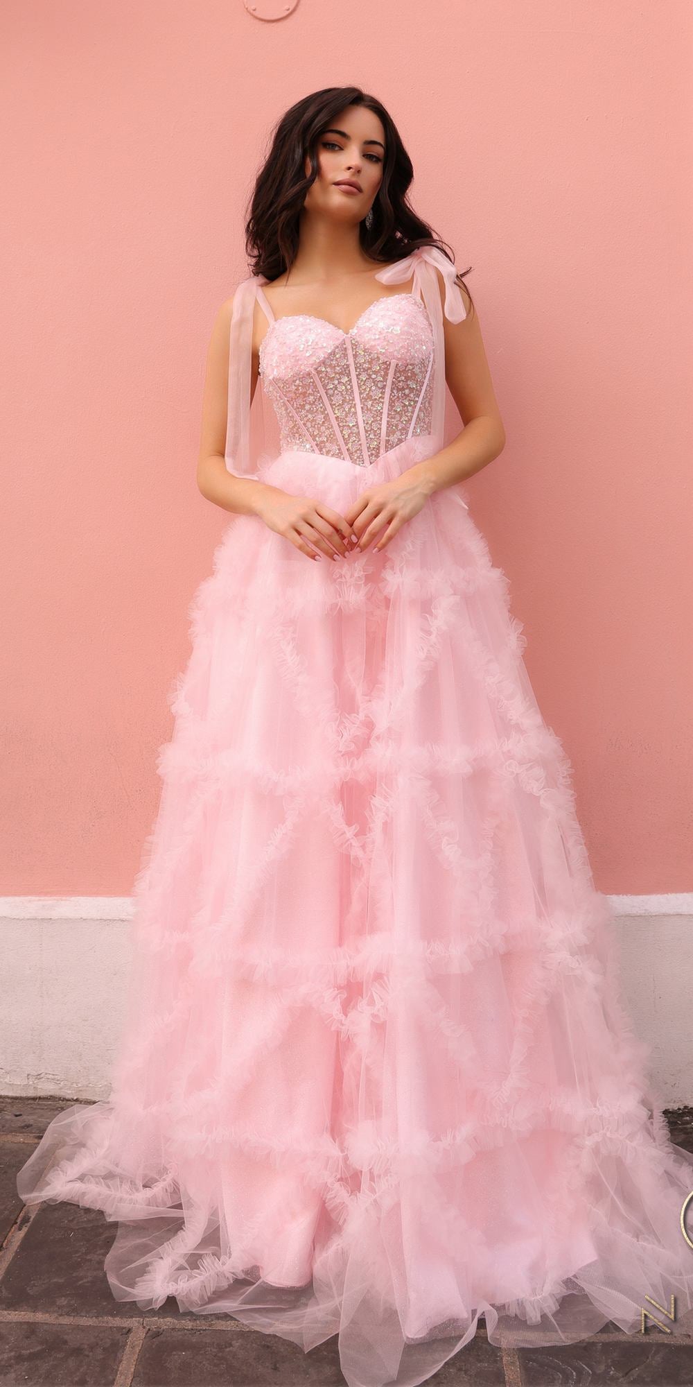 Nox Anabel T1340 Long Ruffled Skirt Boned Bustier Ribbon Strap A-Line Gown