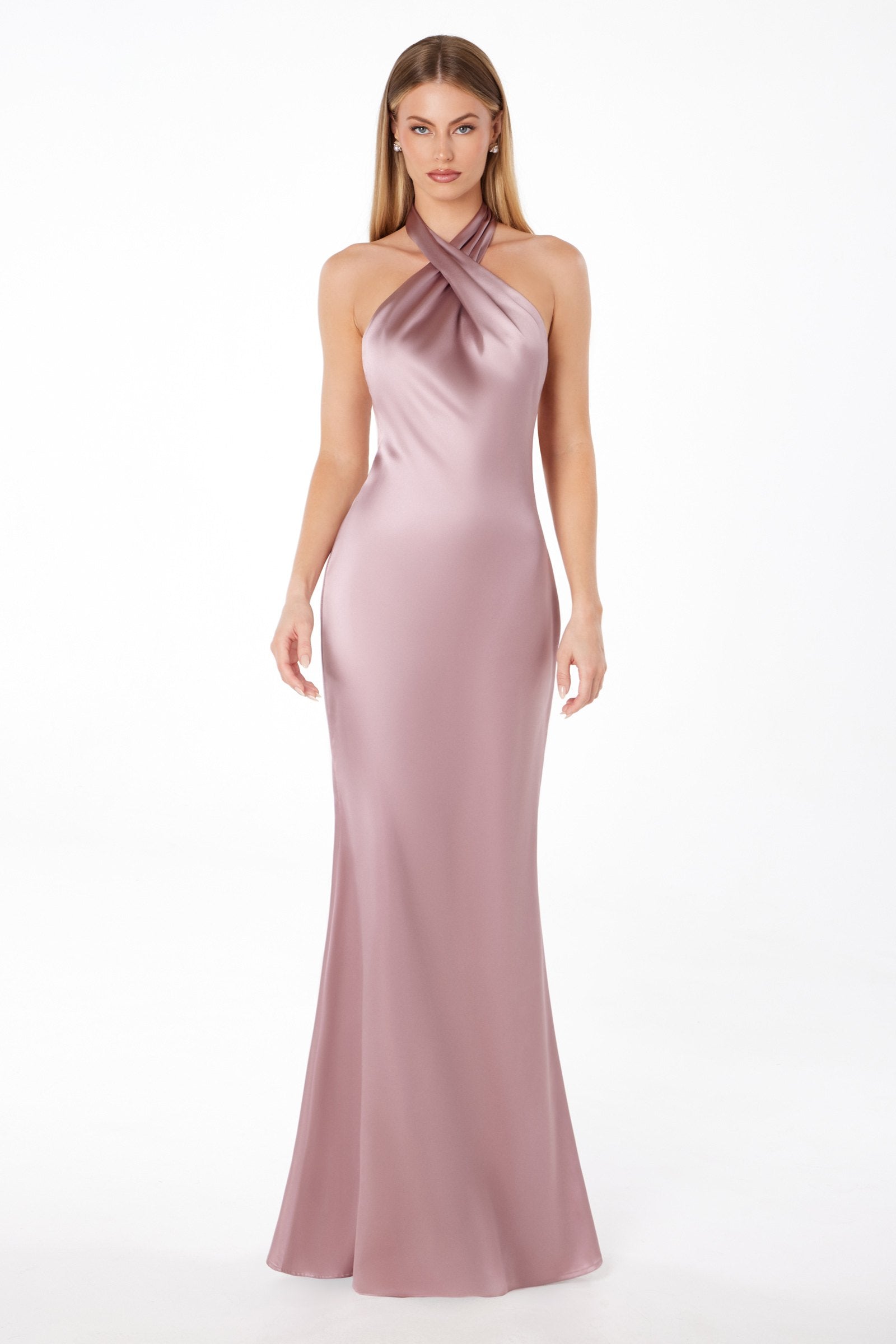 Astee T2005 Fitted Sleek Twisted Halter Top Satin Mermaid Gown