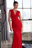 Astee T2009 Long V-Neckline Ruched Mermaid Gown