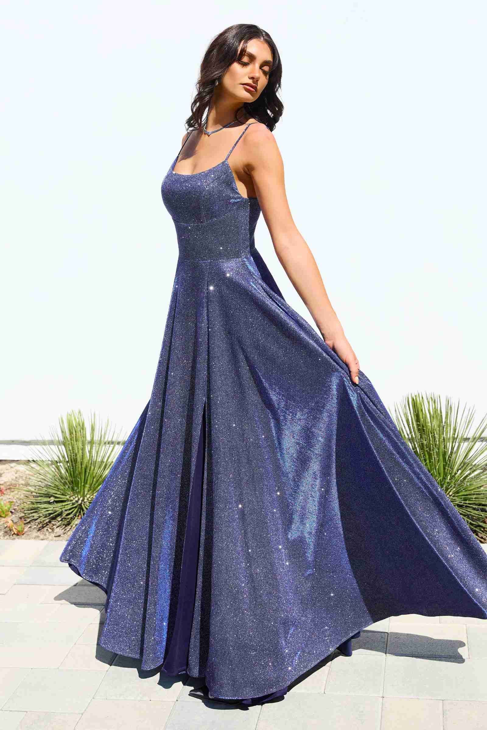 Ladivine Amoris T213 Sleeveless Spaghetti Strap A-Line Glitter Gown - NAVY