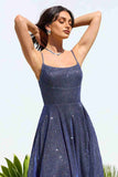 Ladivine Amoris T213 Sleeveless Spaghetti Strap A-Line Glitter Gown - NAVY