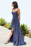 Ladivine Amoris T213 Sleeveless Spaghetti Strap A-Line Glitter Gown - NAVY