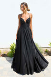 Ladivine Amoris T214 Sleeveless Spaghetti Strap A-Line Glitter Gown - BLACK