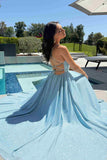 Ladivine Amoris T214 Sleeveless Spaghetti Strap A-Line Glitter Gown - LIGHT BLUE