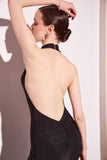 Astee T501 Long Halter V-Neckline Fitted Open Back Evening Gown