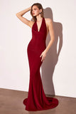 Astee T501 Long Halter V-Neckline Fitted Open Back Evening Gown