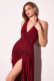 Astee T502 Halter Top V-Neckline Evening Gown with Leg Slit