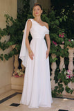 Amoris T716W One Shoulder Chiffon A-Line Off White Evening Dress