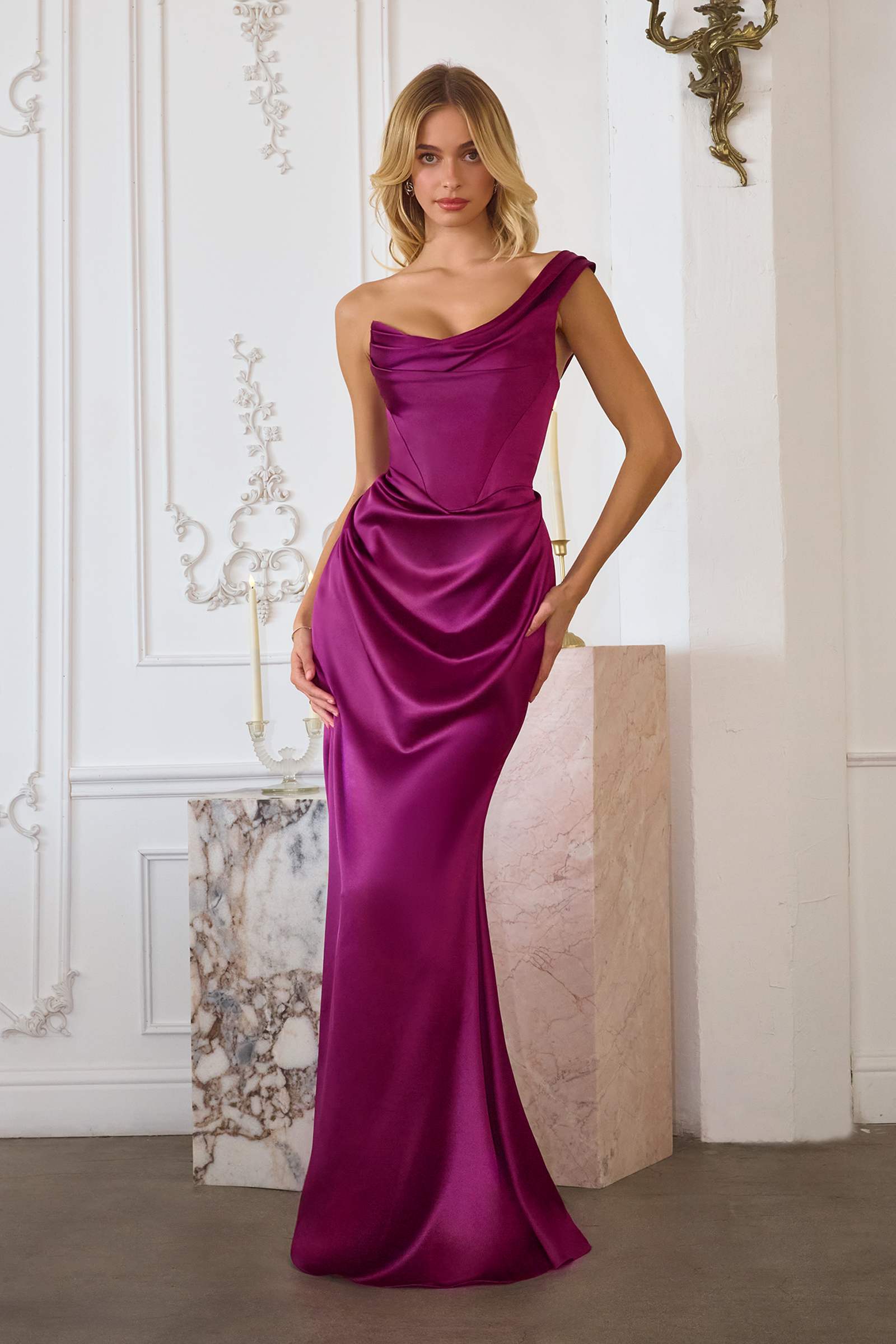 Amoris T727 One Shoulder Fitted Stretch Satin Mermaid Dress