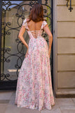 Amoris T749 Soft Flutter Sleeves Floral Chiffon A-Line Dress
