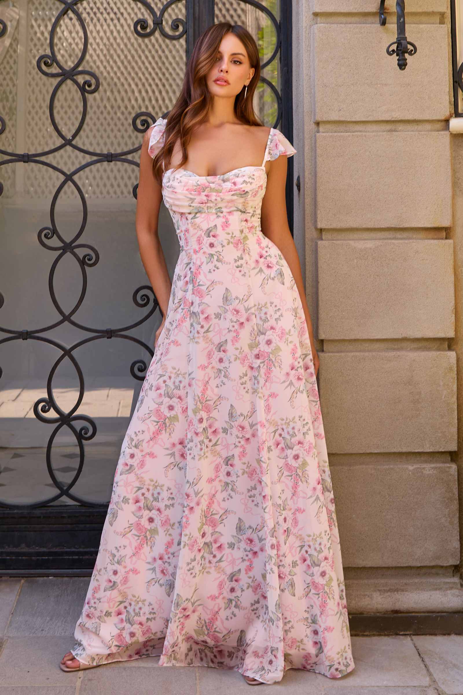 Amoris T749 Soft Flutter Sleeves Floral Chiffon A-Line Dress
