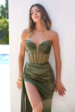 Ladivine Amoris T811 Long Fitted Satin Strapless Evening Gown - OLIVE