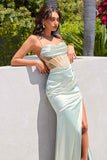 Ladivine Amoris T812 Long Fitted Sheer Bodice Cowl Neck Satin Prom Dress - SAGE