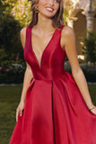 Amoris T814 Long V-Neckline A-Line Satin Dress with Pockets