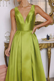 Amoris T814 Long V-Neckline A-Line Satin Dress with Pockets