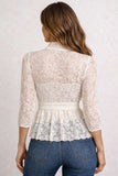 White Lace Top 3/4 Length Sleeve V Neck With Bow