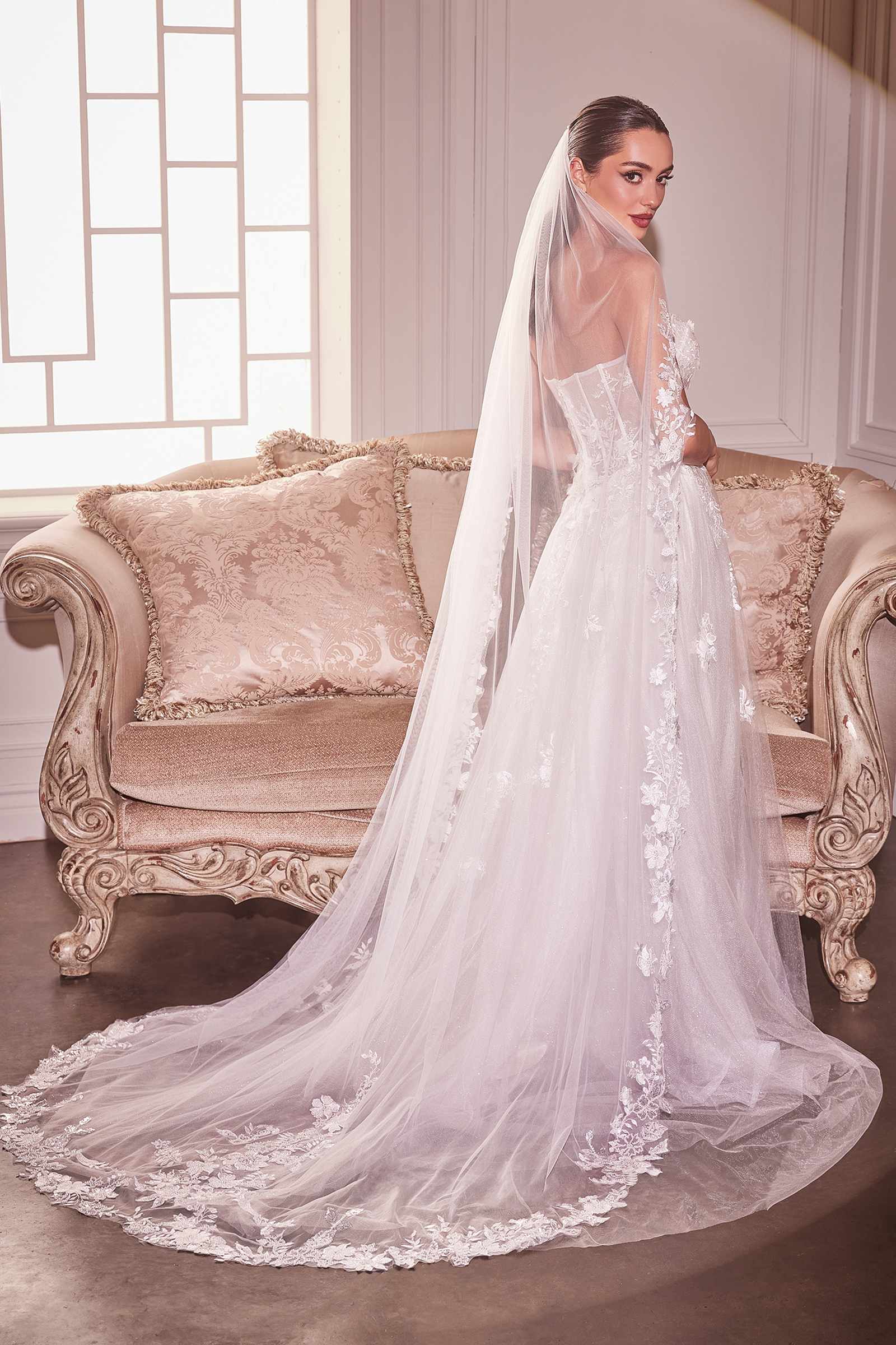 Ladivine V005 Wedding Veil - Beaded Floral Edge Chapel Veil