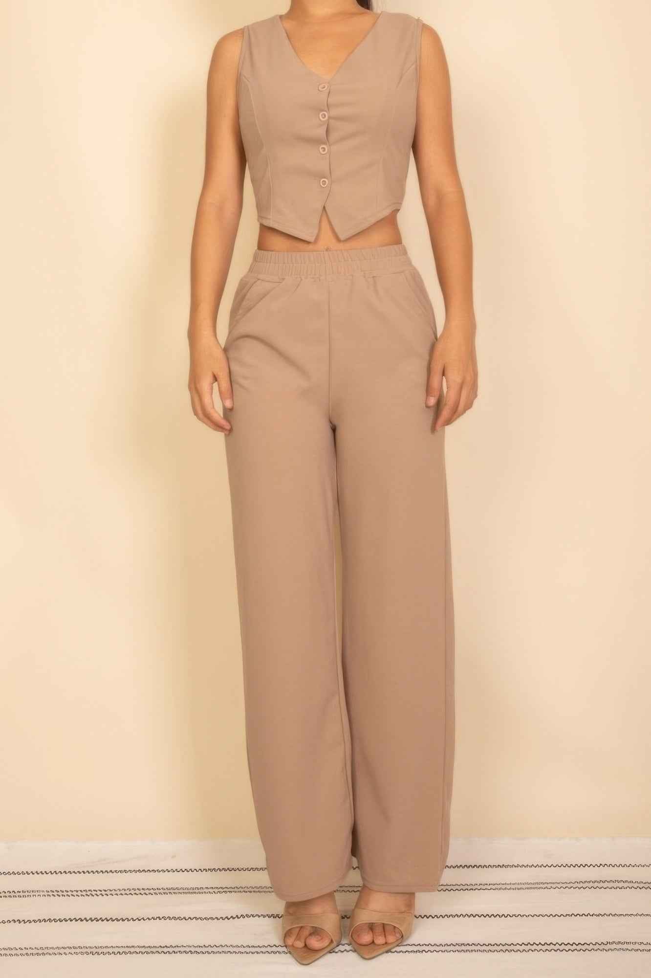 Tailored Button Vest With Adjustable Back Tie & Wide Leg Pants Set