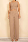 Scoop Neck Button Vest & Wide Leg Pants Set