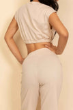 Elastic Hem Crop Top & Wide Leg Pants Set With Faux Drawstring
