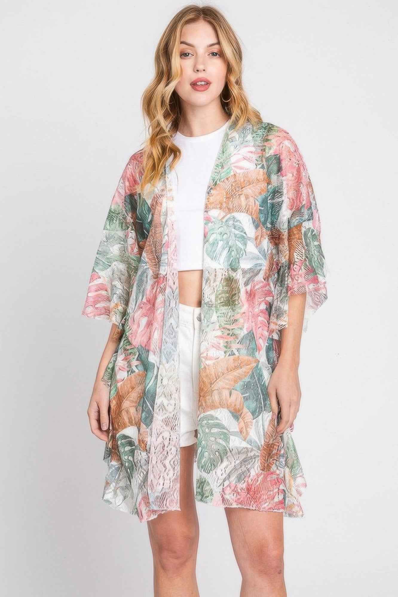 Ruffle Lined Tropical Leaves Print Open Frontcover