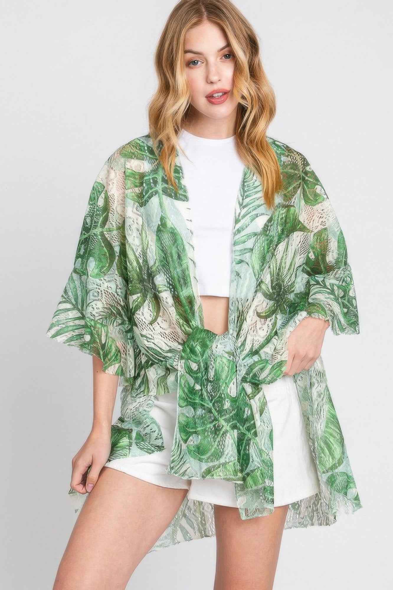 Ruffle Lined Tropical Leaves Print Open Frontcover